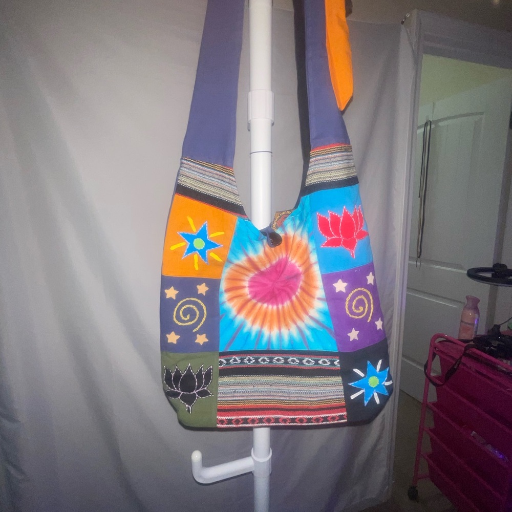 Boho Patchwork Tie-Dye Sling Bag with Wide Strap